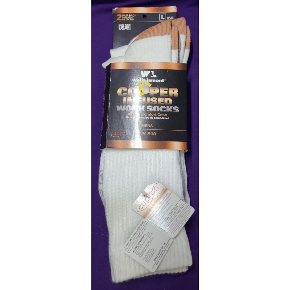 Wells Lamont Copper Infused Work Gear Crew Socks 2 Pair White L Size M 10-1/2
